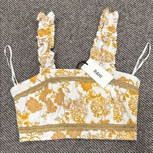 RAHI White and Mustard Floral Ruched Strap Crop Top